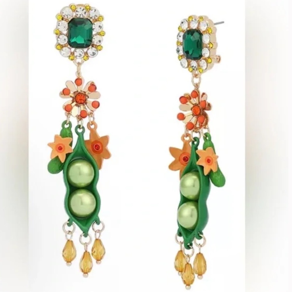 Betsey Johnson Pea Crystal Double Drop Earrings New